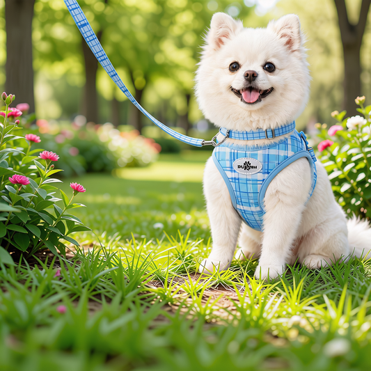 Dog Harness Set - Blue Plaid - 1.5 Lead