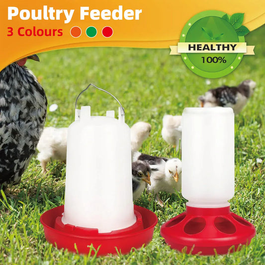 Chicken Feeder Waterer Set Poultry Kettle With Feed Bucket Farm Coop Feeding Use - Red