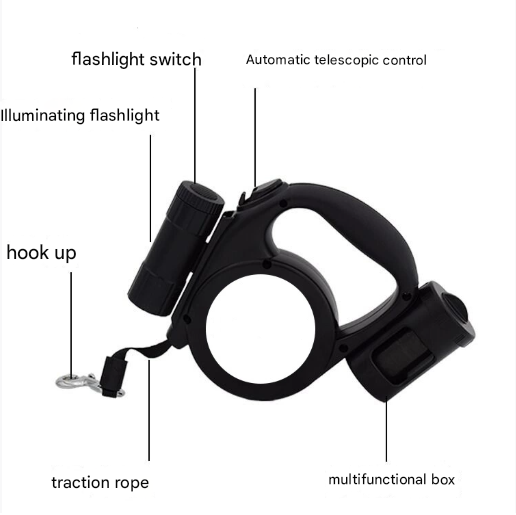 3-in-1 Retractable Dog Leash - LED Flashlight and Waste Bag Dispenser - Various Colours