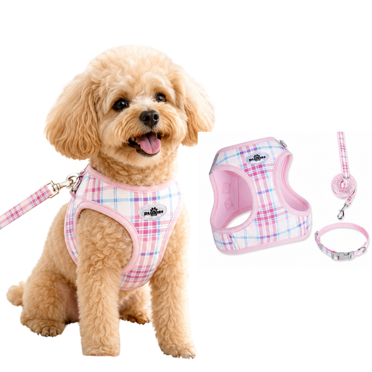 Dog Harness Set- Pink Plaid - 1.5m