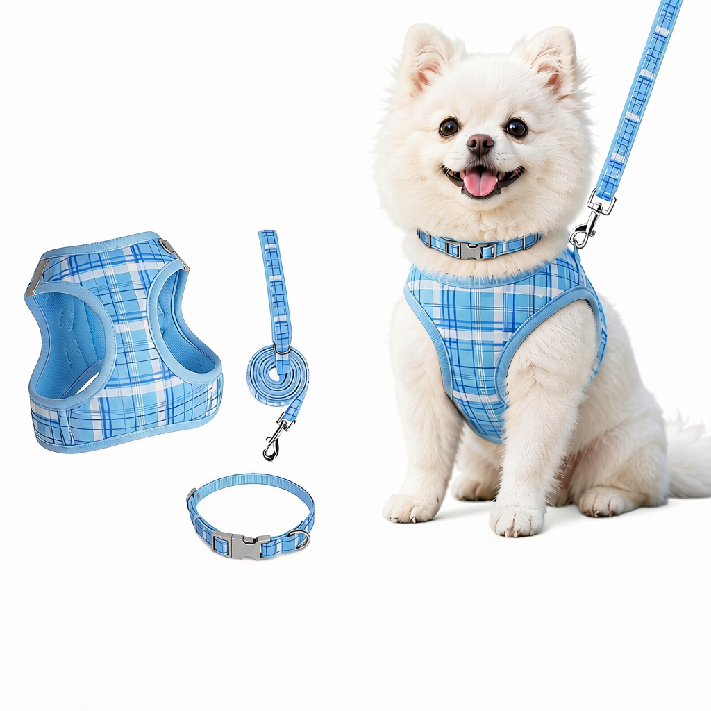 Dog Harness Set - Blue Plaid - 1.5 Lead