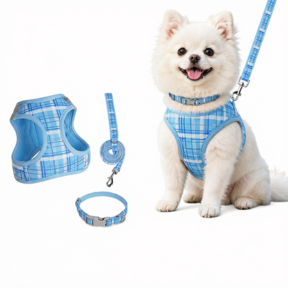 Dog Harness Set - Blue Plaid - 1.5 Lead