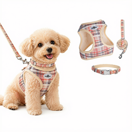 Dog Harness - Beige Plaid - 1.5 Lead