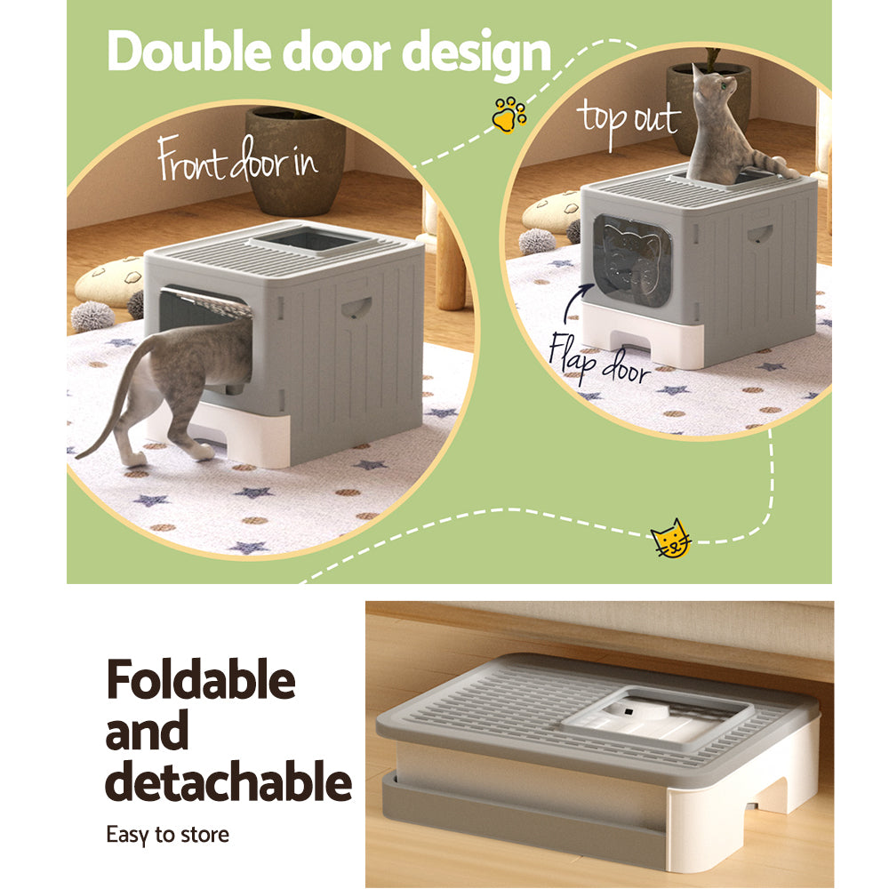 i.Pet Cat Litter Box - Enclosed Hooded Foldable - Large Grey