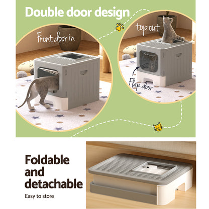 i.Pet Cat Litter Box - Enclosed Hooded Foldable - Large Grey