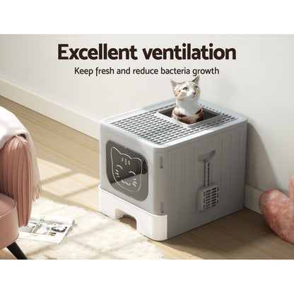 i.Pet Cat Litter Box - Enclosed Hooded Foldable - Large Grey