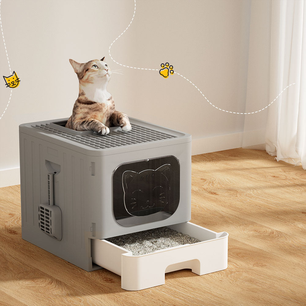 i.Pet Cat Litter Box - Enclosed Hooded Foldable - Large Grey