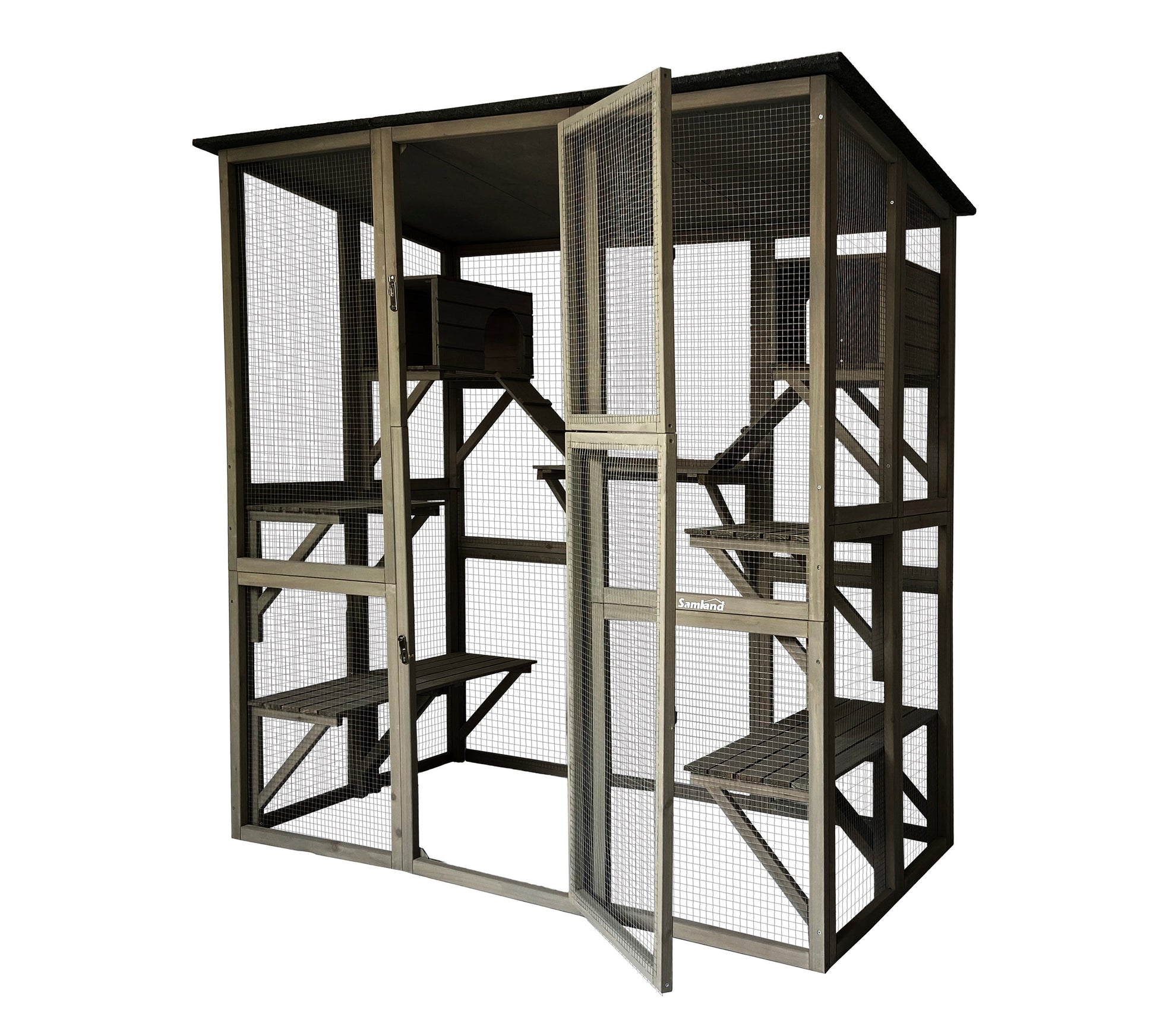 Samland Wooden Cat Cage Walk in Cat Condo House Kitten Ferret Enclosure Cage