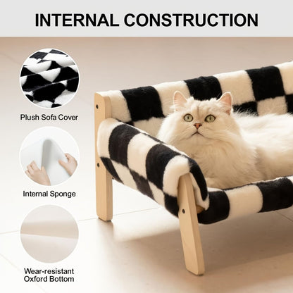 cat sofa bed, faux-fur cat bed, checkered pet bed, warm pet bed, washable pet bed, wooden cat bed, small dog bed, Australian pet bed - Beige - Size L