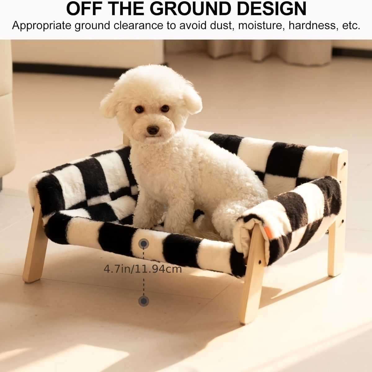 cat sofa bed, faux-fur cat bed, checkered pet bed, warm pet bed, washable pet bed, wooden cat bed, small dog bed, Australian pet bed - Beige - Size L