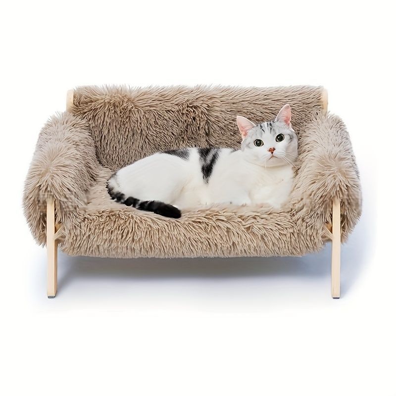 cat sofa bed, faux-fur cat bed, checkered pet bed, warm pet bed, washable pet bed, wooden cat bed, small dog bed, Australian pet bed - Gray - Size L