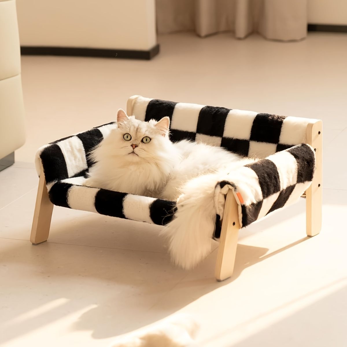 cat sofa bed, faux-fur cat bed, checkered pet bed, warm pet bed, washable pet bed, wooden cat bed, small dog bed, Australian pet bed - Gray - Size L