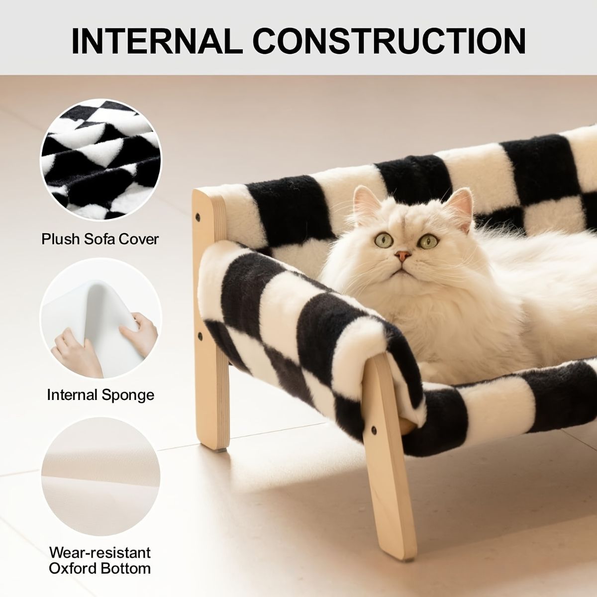 cat sofa bed, faux-fur cat bed, checkered pet bed, warm pet bed, washable pet bed, wooden cat bed, small dog bed, Australian pet bed - Gray - Size L
