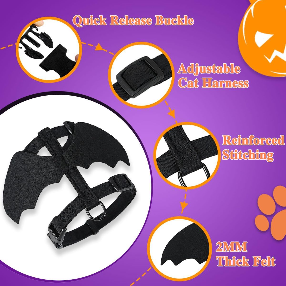 Cat Harness and Leash with Bat Wings, Escape Proof Leash | Halloween Costumes, Thickened Polyester Fabric, Lightweight Felt, Adjustable Vest, Easy Control, for Small Dogs Cats Rabbits - Black - Size M