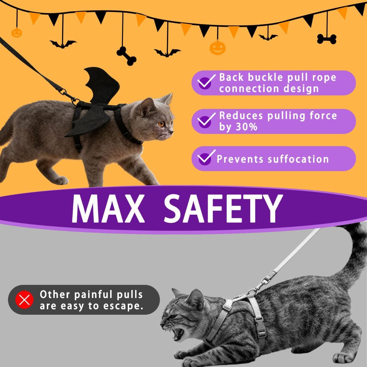 Cat Harness and Leash with Bat Wings, Escape Proof Leash | Halloween Costumes, Thickened Polyester Fabric, Lightweight Felt, Adjustable Vest, Easy Control, for Small Dogs Cats Rabbits - Black - Size S