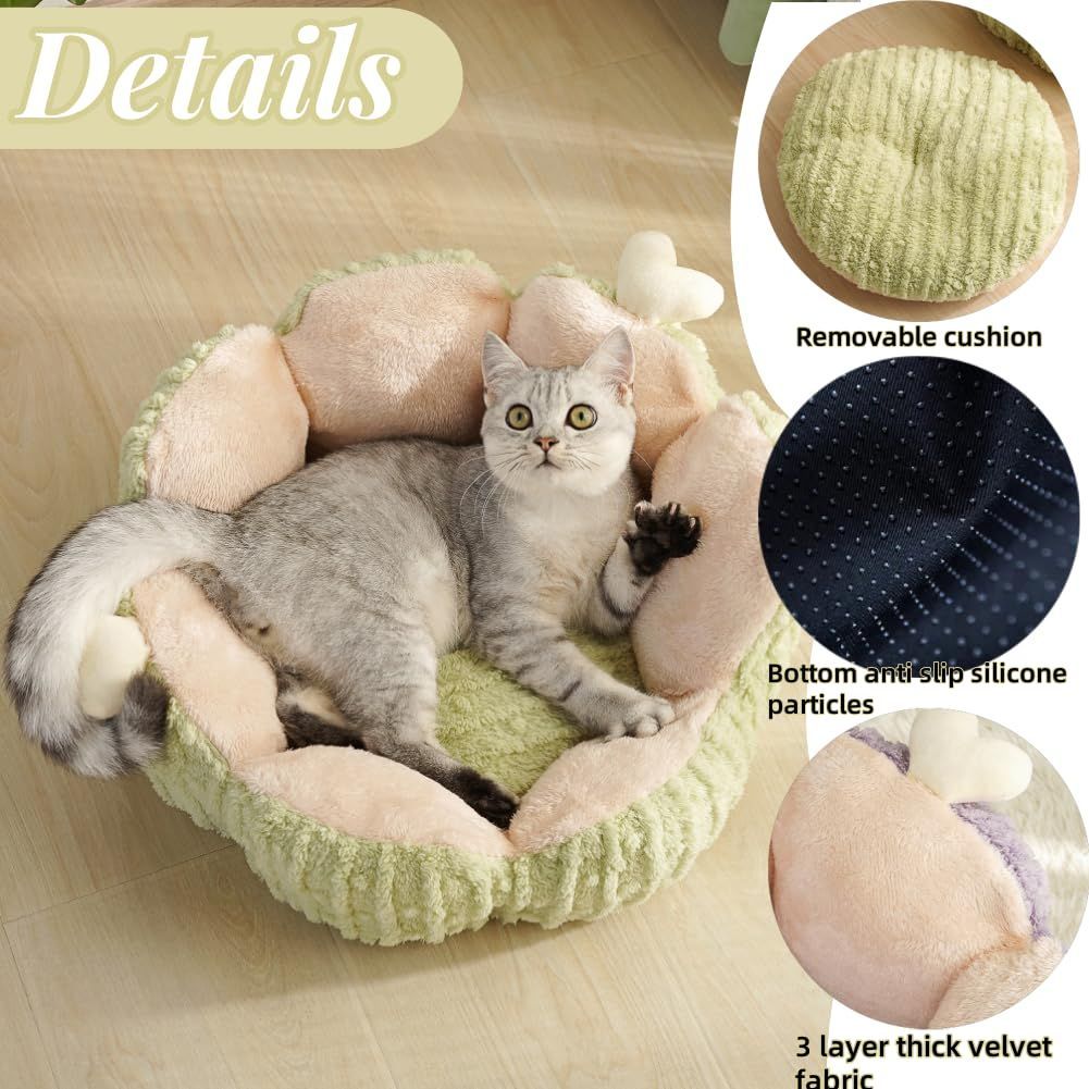 Cactus Cat Beds for Indoor Cute Cactus Fluffy Puppy Bed Squishmall Pet Bed with Removable & Washable Cushion Pillow Cat House Bed Warm Sleeping Bed for Cats Small Dogs - Green - Size 60cm