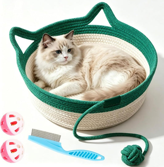 Cat Basket Hand-Woven Cat Bed Cat-Ear Handles Cotton Rope Cat Bed Indoor Cat - Green - Size L
