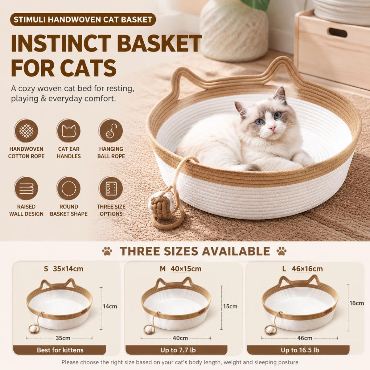 Cat Basket Hand-Woven Cat Bed Cat-Ear Handles Cotton Rope Cat Bed Indoor Cat - Green - Size L