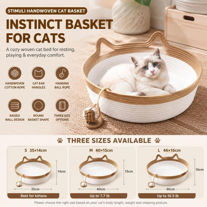 Cat Basket Hand-Woven Cat Bed Cat-Ear Handles Cotton Rope Cat Bed Indoor Cat - Green - Size L
