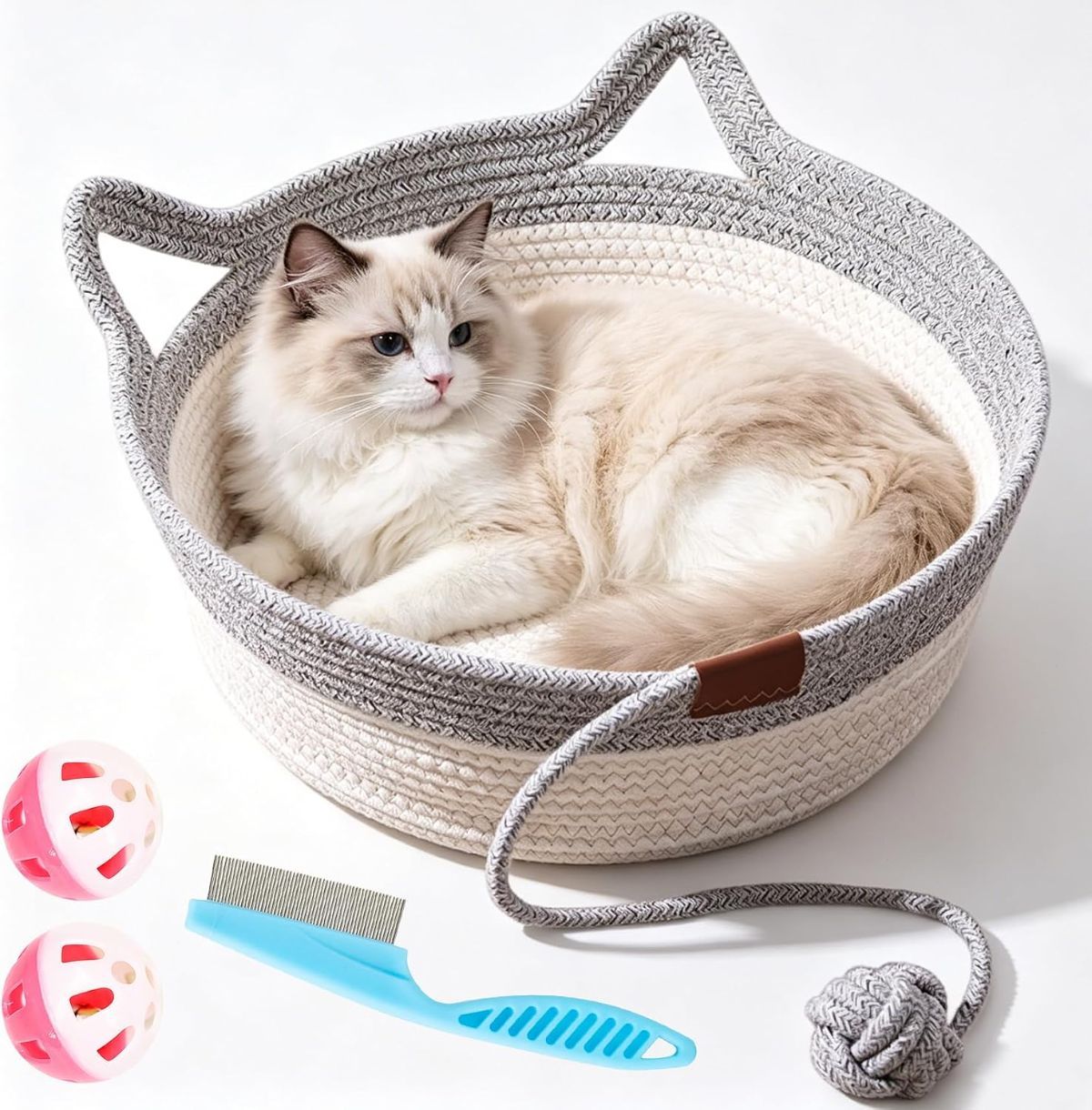 Cat Basket Hand-Woven Cat Bed Cat-Ear Handles Cotton Rope Cat Bed Indoor Cat - Gray - Size L
