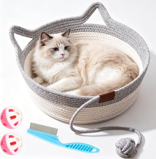 Cat Basket Hand-Woven Cat Bed Cat-Ear Handles Cotton Rope Cat Bed Indoor Cat - Gray - Size L