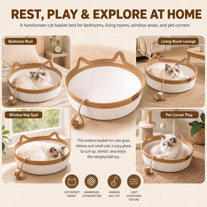 Cat Basket Hand-Woven Cat Bed Cat-Ear Handles Cotton Rope Cat Bed Indoor Cat - Gray - Size L