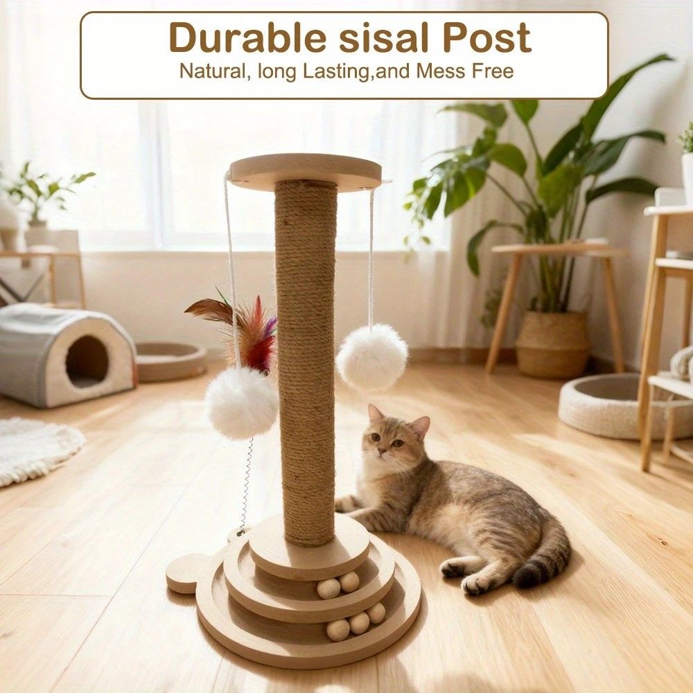 Interactive Cat Scratching Post | Rotating Ball Track + Feather Toy