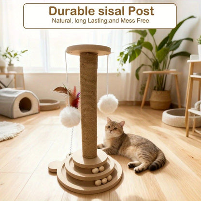 Interactive Cat Scratching Post | Rotating Ball Track + Feather Toy