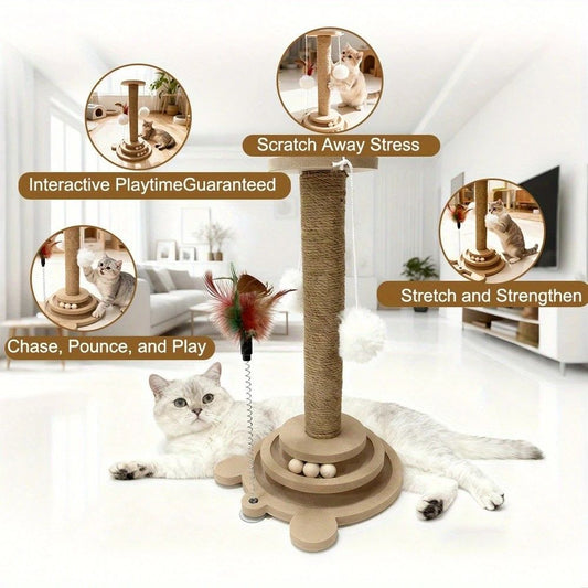Interactive Cat Scratching Post | Rotating Ball Track + Feather Toy