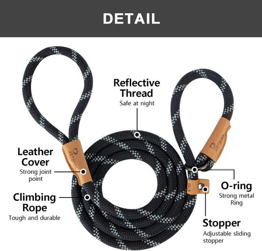 5 FT Slip Lead Dog Leash, Heavy Duty Rope Leash for Small Medium Large Dogs, No Pull Training Lead with Reflective Thread, Strong Comfortable Loop Leash (Black Stripe, Medium(3/8"))