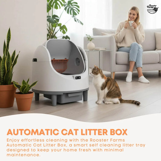 Rooster Farms Smart Cat Litter Box Automatic WiFi Self Cleaning Tray 68L
