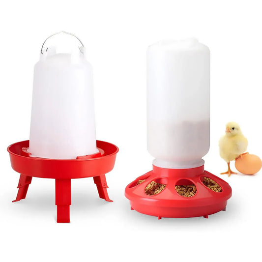 Chicken Feeder Waterer Set Poultry Kettle With Feed Bucket Farm Coop Feeding Use - Red