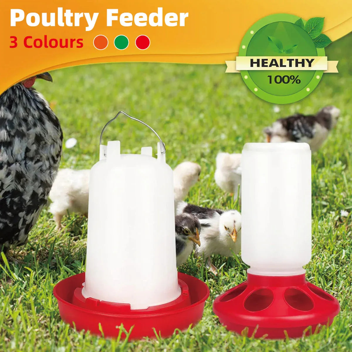 Chicken Feeder Waterer Set Poultry Kettle With Feed Bucket Farm Coop Feeding Use - Red
