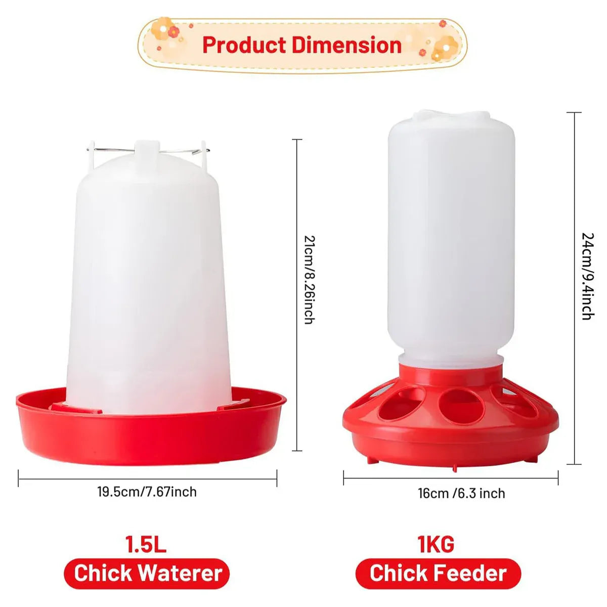 Chicken Feeder Waterer Set Poultry Kettle With Feed Bucket Farm Coop Feeding Use - Red