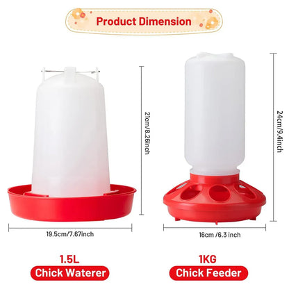 Chicken Feeder Waterer Set Poultry Kettle With Feed Bucket Farm Coop Feeding Use - Red