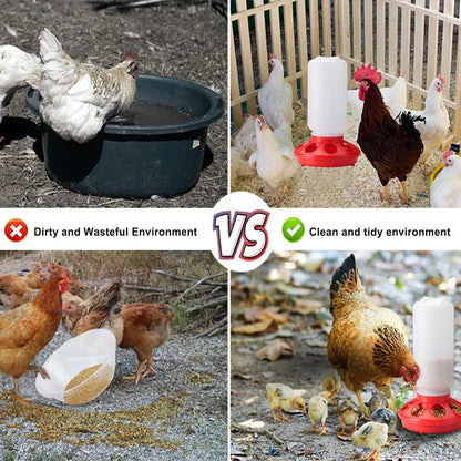 Chicken Feeder Waterer Set Poultry Kettle With Feed Bucket Farm Coop Feeding Use - Red