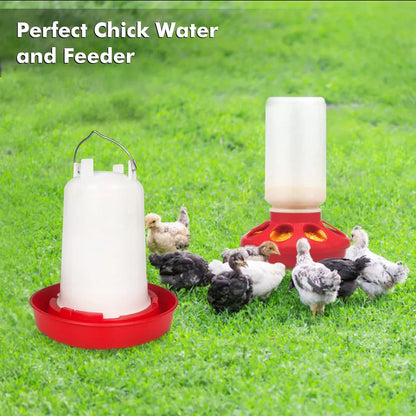 Chicken Feeder Waterer Set Poultry Kettle With Feed Bucket Farm Coop Feeding Use - Red