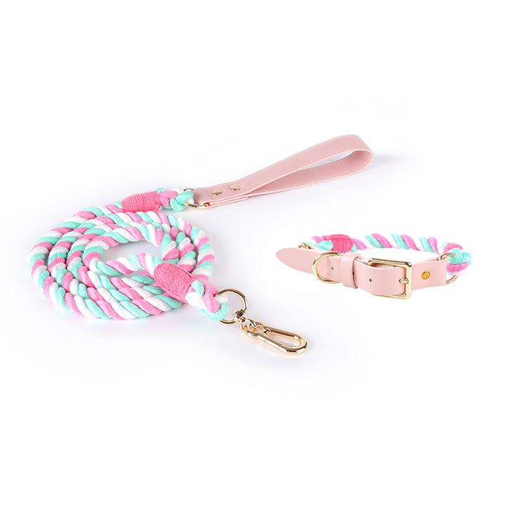 Rainbow Cotton Rope Dog Leash and Collar Set - 150cm Training Lead