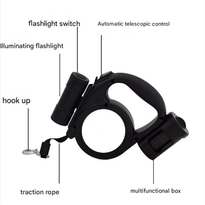 3-in-1 Retractable Dog Leash - LED Flashlight and Waste Bag Dispenser -  Various Colours