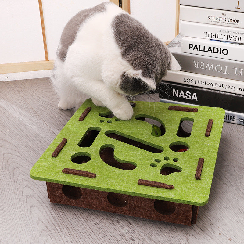 Grey Felt Puzzle Square Shape Box Cat Toy with 2 Metal Bell Balls - Scratch-Resistant & Interactive Hide-and-Seek Toy, Brain Stimulating Fun