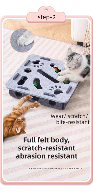 Grey Felt Puzzle Flower Shape Box Cat Toy with 2 Metal Bell Balls - Scratch-Resistant & Interactive Hide-and-Seek Toy, Brain Stimulating Fun
