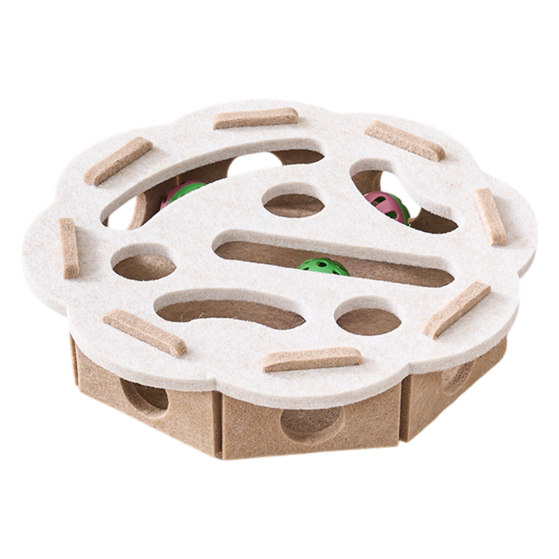 White Felt Puzzle Flower Shape Box Cat Toy with 2 Metal Bell Balls - Scratch-Resistant & Interactive Hide-and-Seek Toy, Brain Stimulating Fun