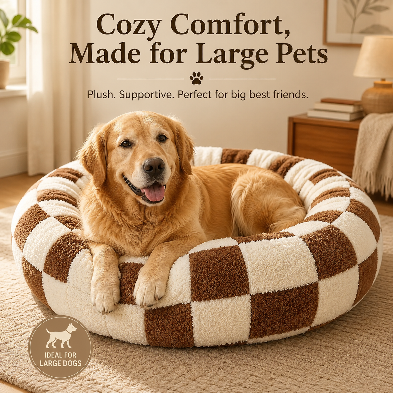 Dog Bed Donut (Coffee plaid)- 80cm - Medium Large