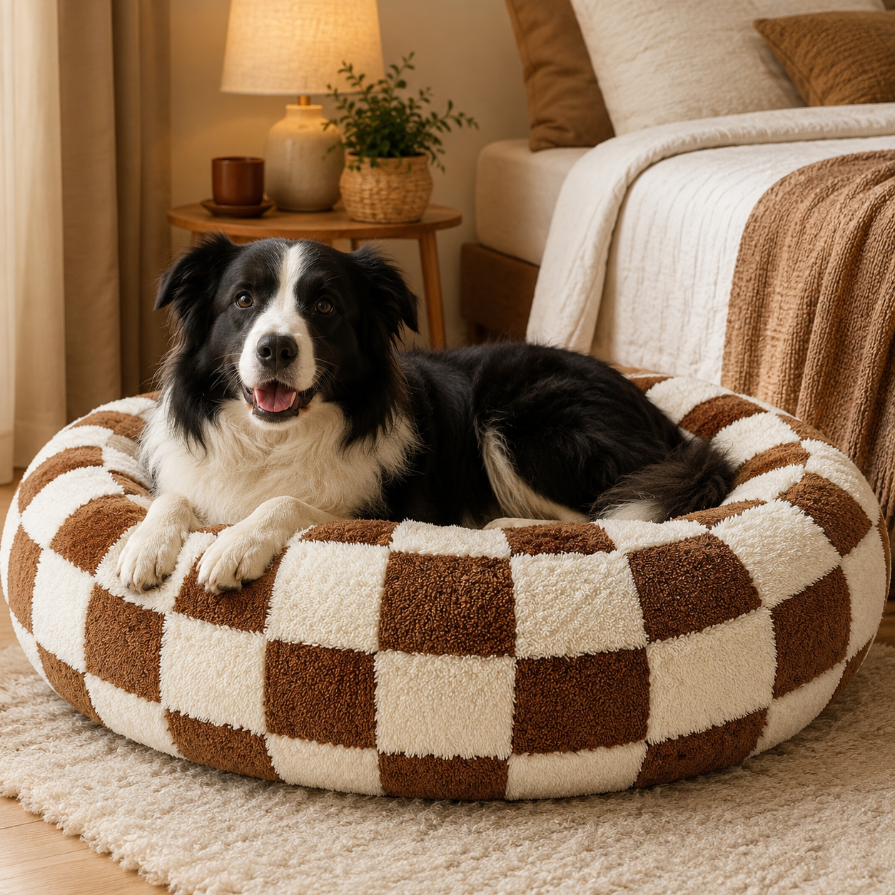 Dog Bed Donut (Coffee plaid)- 80cm - Medium Large