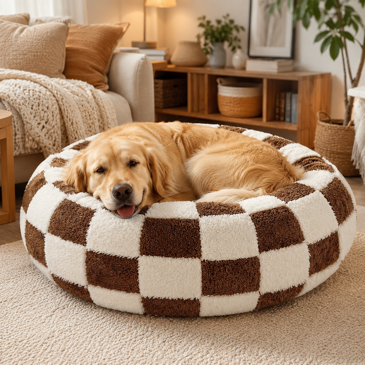 Dog Bed Donut (Coffee plaid)- 80cm - Medium Large