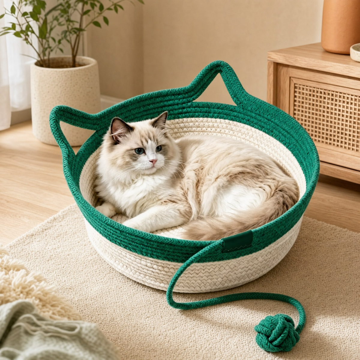 Cat Basket Hand-Woven Cat Bed - Green - Size L