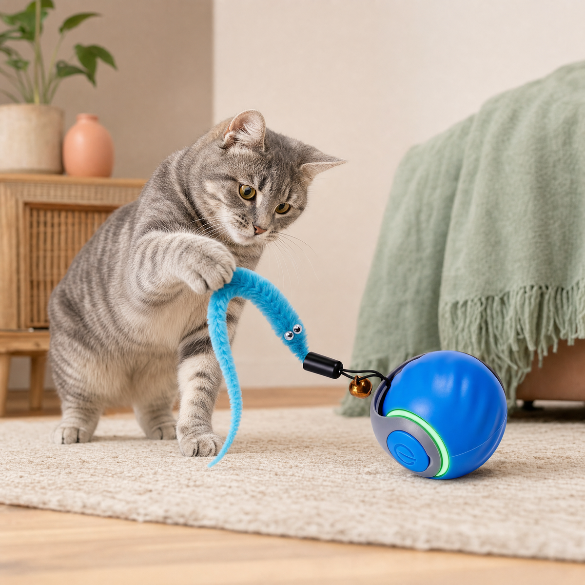 Interactive Ball  Feather Worm Toy With Bells