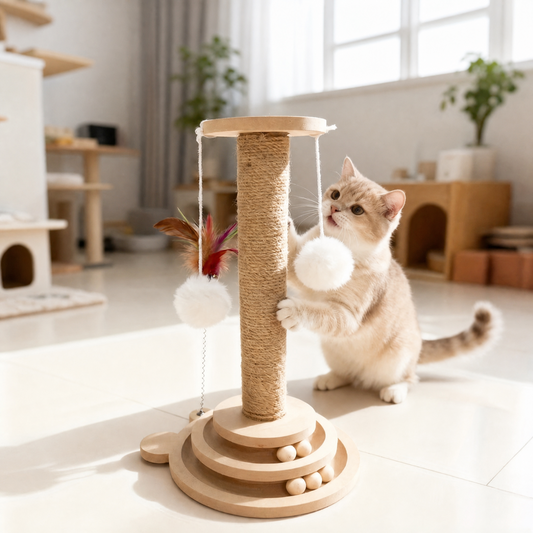Interactive Cat Scratching Post | Rotating Ball Track + Feather Toy